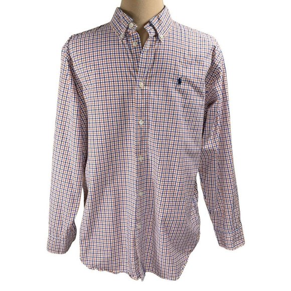 Ralph Lauren Big Boys Button Down Blue Orange Check Long Sleeve Shirt Size XL 20 - Picture 1 of 6